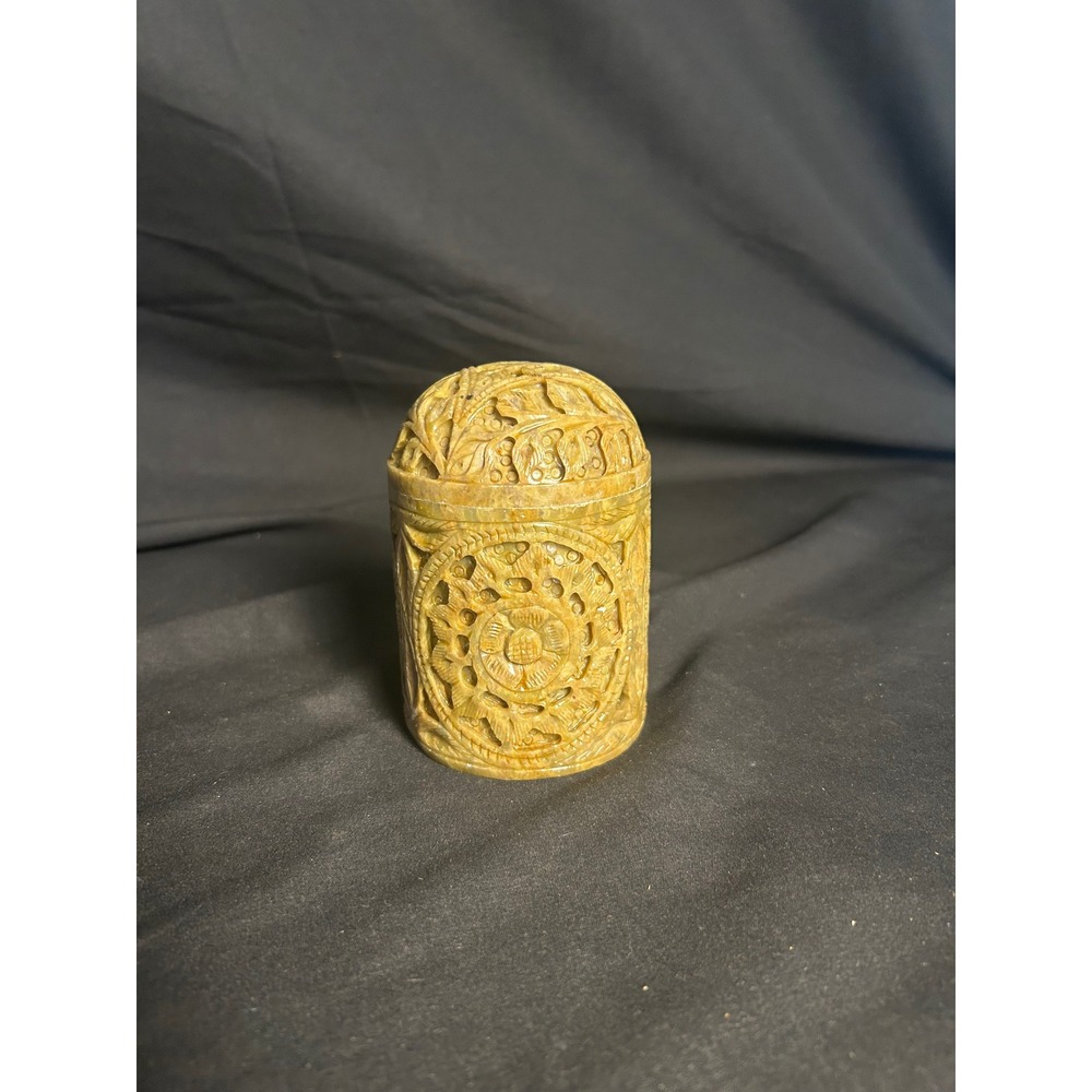Unbranded Soapstone Jar Unisex Small Tan‎ Excellent Hand Carved Floral Openwork